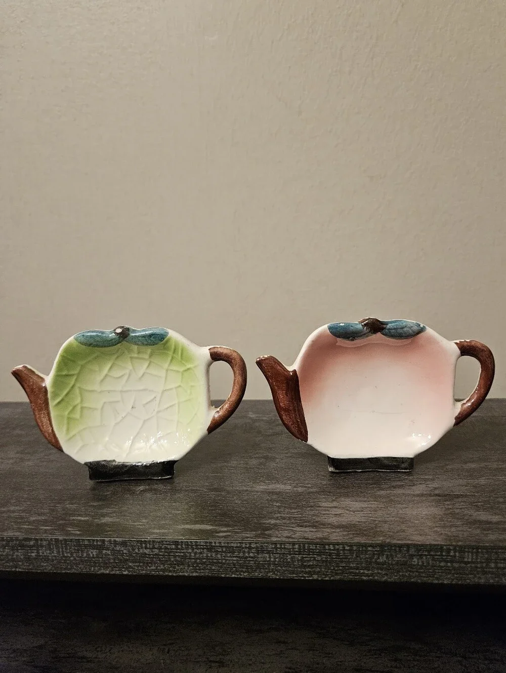 Vintage Teapot Shaped Ceramic Tea Bag Holders / Spoon Rests - Set Of 2